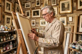Peintre français âgé dans son atelier parisien entouré de toiles représentant l'évolution de la peinture au 20ème siècle