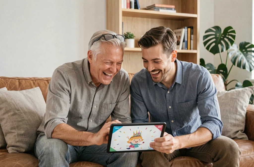 Père et fils adulte riant ensemble devant un gif d'anniversaire animé sur une tablette dans un salon moderne