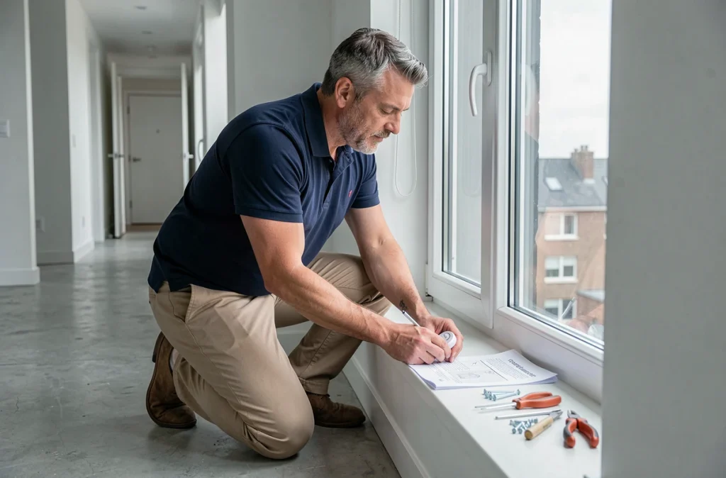 Père installant un limiteur d'ouverture de fenêtre dans un appartement pour sécuriser ses enfants