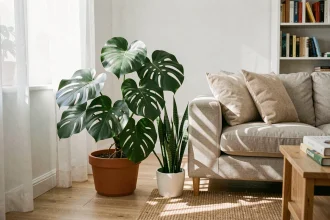 Grand Monstera et sansevieria dans un salon scandinave moderne avec parquet en chêne et canapé en lin