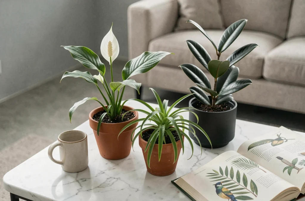Groupe de plantes dépolluantes sur une table basse en marbre blanc dans un intérieur minimaliste contemporain