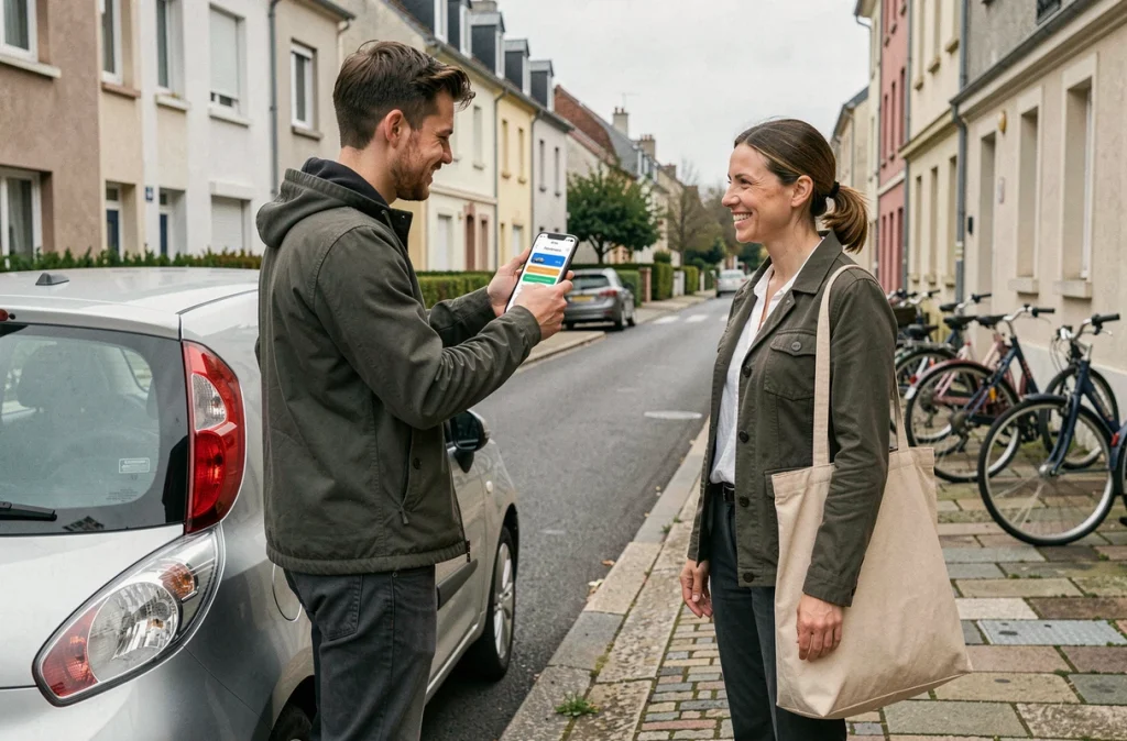Un homme montrant une plateforme de covoiturage local sur son smartphone à une femme devant une voiture garée dans un quartier résidentiel