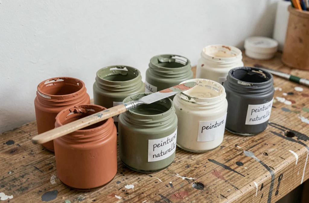 Pots de peinture écologique aux pigments naturels en terre cuite, vert sauge et blanc cassé disposés sur un établi en bois