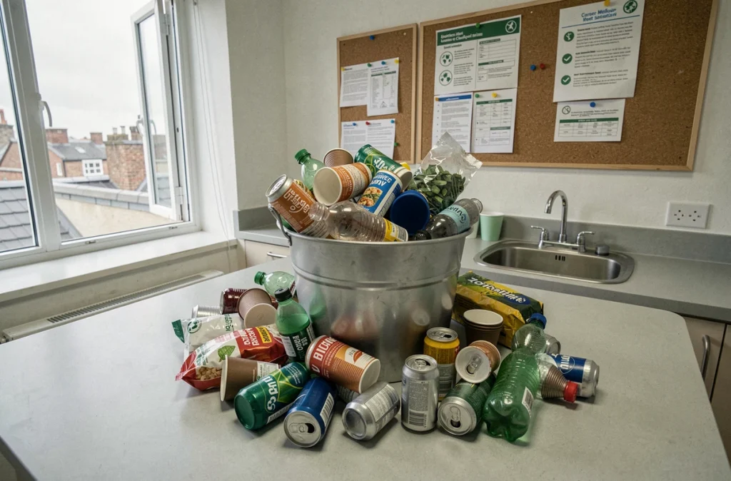 Poubelle de bureau débordante avec déchets recyclables non triés dans une salle de pause d'entreprise