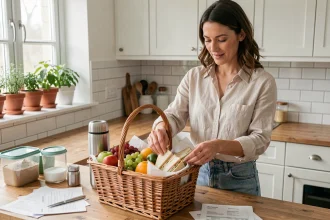 Femme préparant un panier de pique-nique familial avec des fruits et sandwiches dans une cuisine moderne