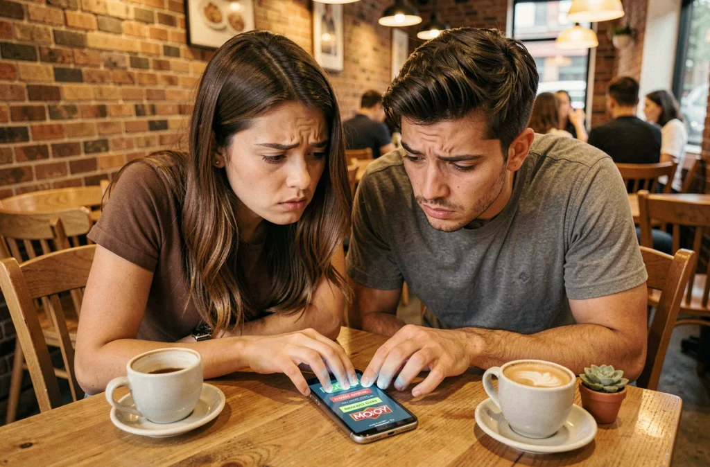 Deux amis dans un café essayant d'entrer un code Club des magnats Monopoly GO sans succès
