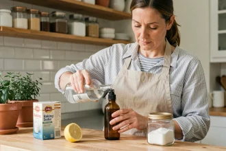 Femme préparant un produit ménager maison avec du vinaigre blanc et du bicarbonate de soude dans une cuisine naturelle