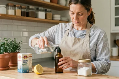 Femme préparant un produit ménager maison avec du vinaigre blanc et du bicarbonate de soude dans une cuisine naturelle