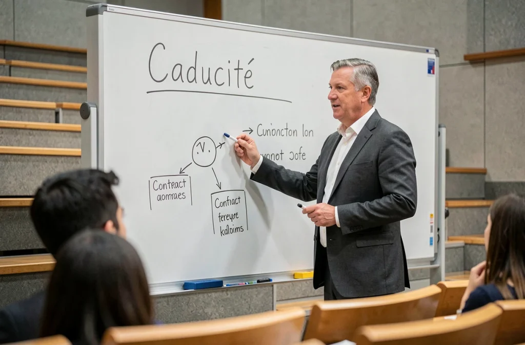 Professeur de droit expliquant la caducité du code civil devant un amphithéâtre universitaire