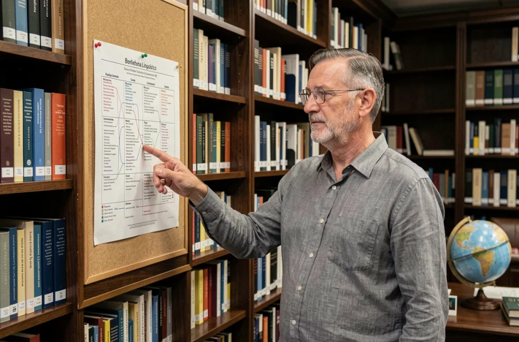 Professeur de linguistique expliquant l'étymologie du portugais karaï devant un tableau étymologique dans une bibliothèque universitaire