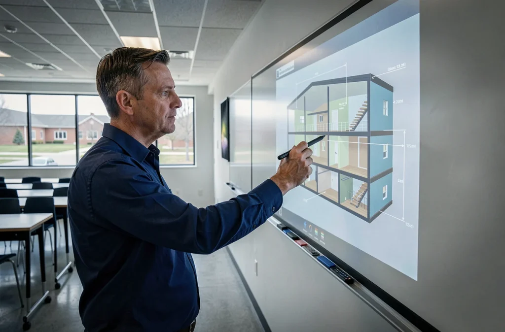 Professeur utilisant un tableau interactif avec réalité augmentée pour enseigner à distance dans une salle de classe moderne