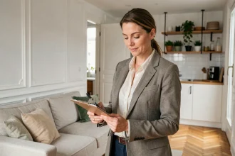 Propriétaire femme vérifiant des documents dans un appartement meublé parisien moderne