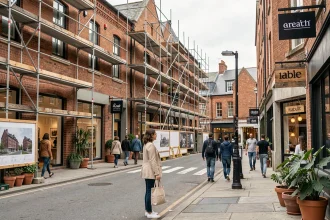 Quartier urbain en pleine mutation avec immeuble rénové, échafaudages et passants dans une rue commerçante dynamique