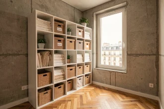 Coin rangement optimisé dans un petit appartement parisien avec étagères modulaires blanches et paniers en osier