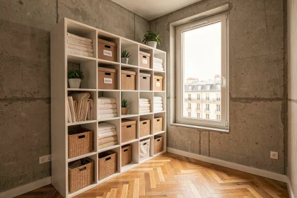 Coin rangement optimisé dans un petit appartement parisien avec étagères modulaires blanches et paniers en osier