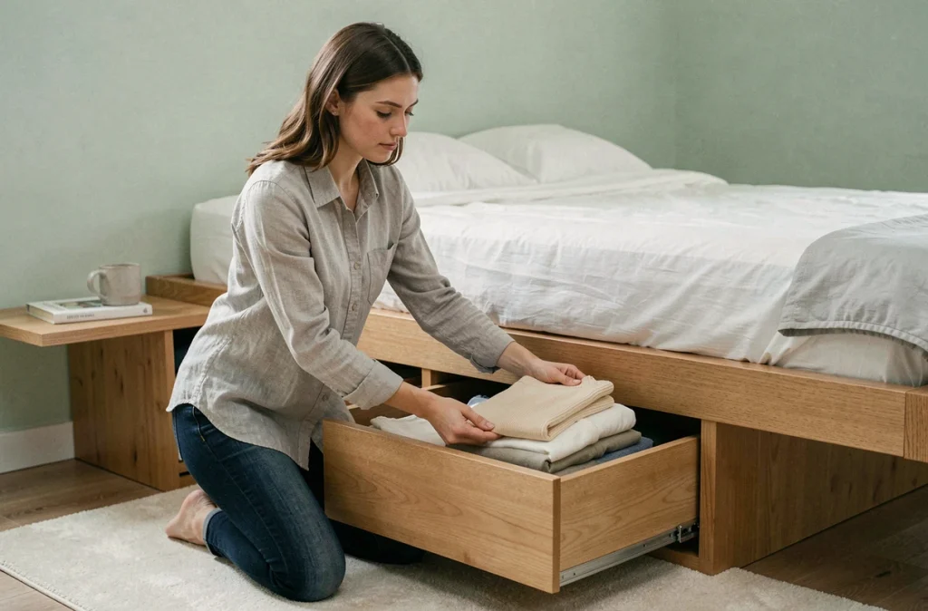 Femme organisant des vêtements dans des tiroirs sous le lit pour optimiser le rangement d'une petite chambre