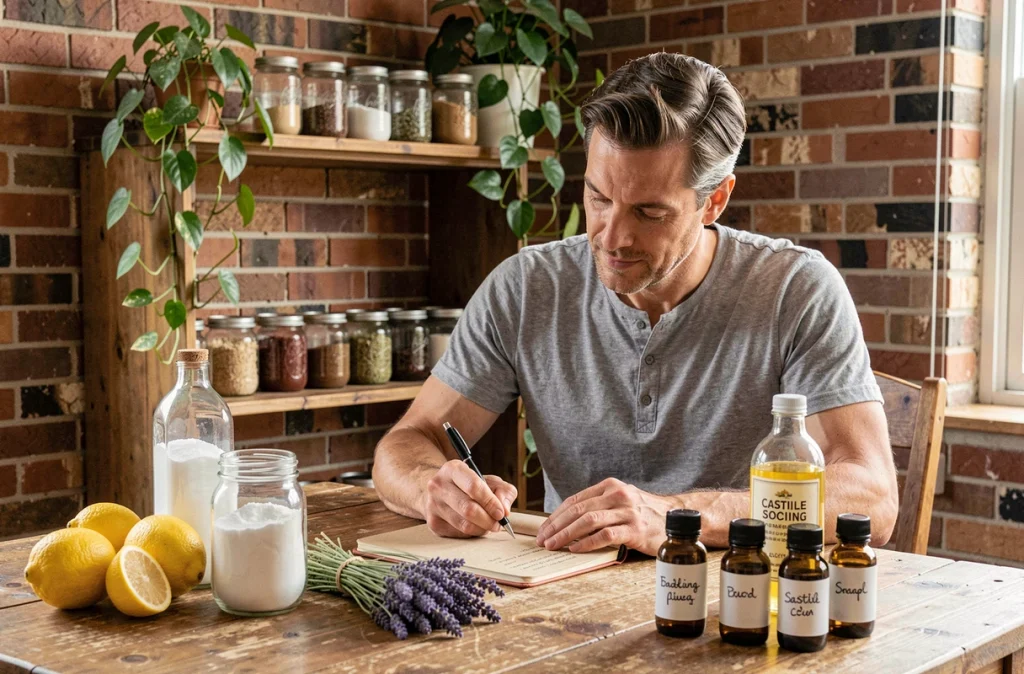 Homme rédigeant une recette de produit ménager naturel avec des ingrédients du placard sur une table en bois rustique