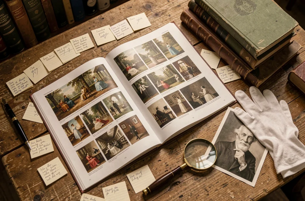 Table de recherche avec catalogue de peintures françaises du 20ème siècle, fiches manuscrites et outils d'archiviste