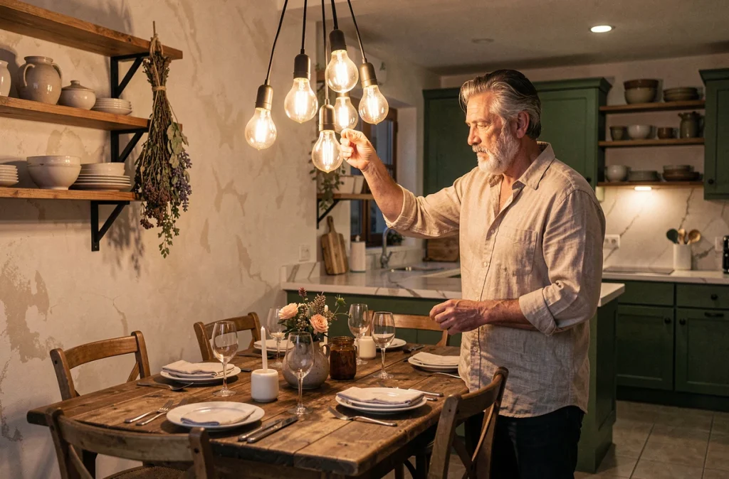 Homme réglant une suspension vintage dans une cuisine salle à manger chaleureuse avec décoration rustique et ampoules à filament