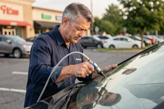 Technicien automobile réparant un impact de pare-brise sans rendez-vous dans un parking extérieur