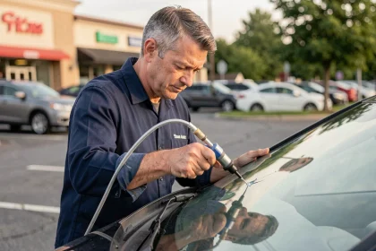 Technicien automobile réparant un impact de pare-brise sans rendez-vous dans un parking extérieur