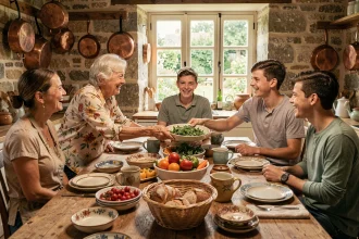 Famille multigénérationnelle réunie autour d'un repas convivial dans une cuisine en pierre rustique