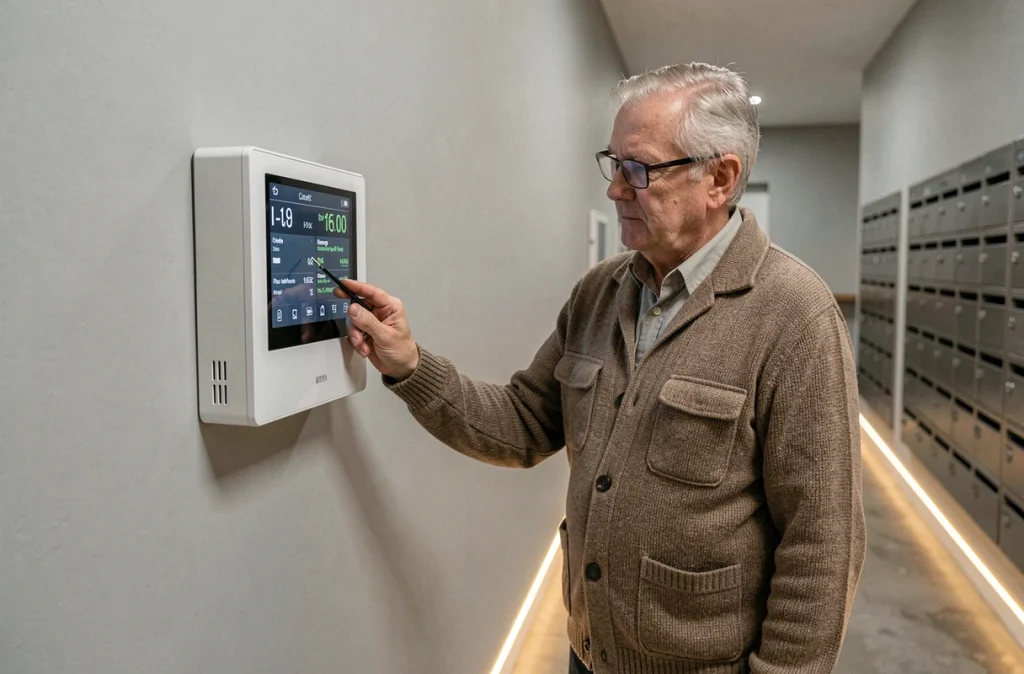 Résident d'une copropriété consultant un tableau de bord de suivi énergétique dans les parties communes rénovées d'un immeuble résidentiel