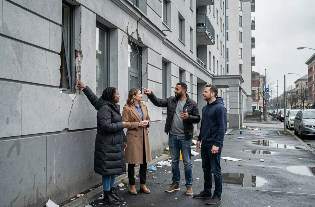 Groupe de résidents urbains observant des dégâts sur la façade de leur immeuble après une tempête dans un quartier de grande ville
