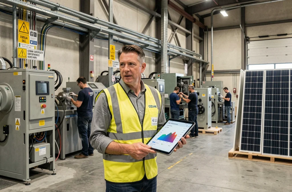 Responsable d'usine supervisant la modernisation énergétique d'un site industriel français