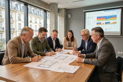 Réunion de copropriétaires autour d'un plan de rénovation énergétique dans une salle de réunion moderne avec documents de diagnostic thermique