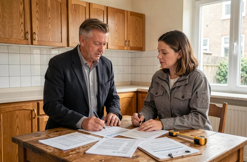Agent immobilier et diagnostiqueur examinant les rapports de diagnostic obligatoire avant une vente immobilière