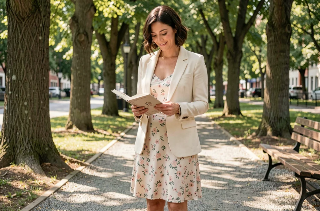 Femme en robe fleurie et blazer ivoire dans un parc urbain, look superposé avec imprimé floral pour dynamiser la silhouette au quotidien