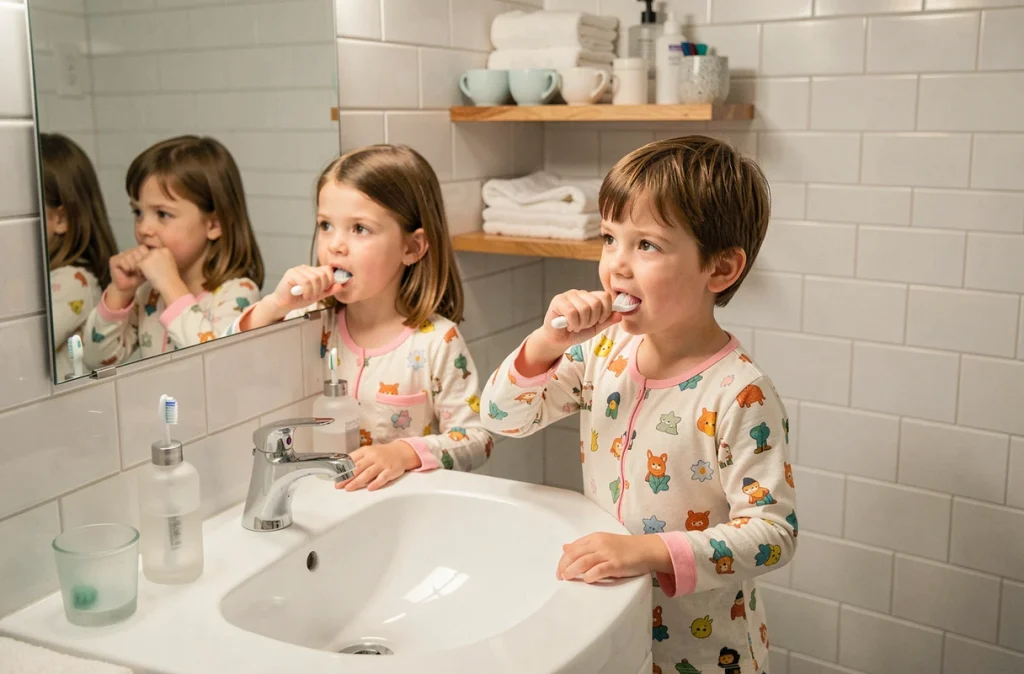 Deux enfants en pyjama se brossant les dents ensemble devant le miroir de la salle de bain le soir