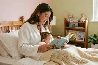 Mère lisant une histoire à son enfant au moment du coucher dans une chambre cosy et apaisante
