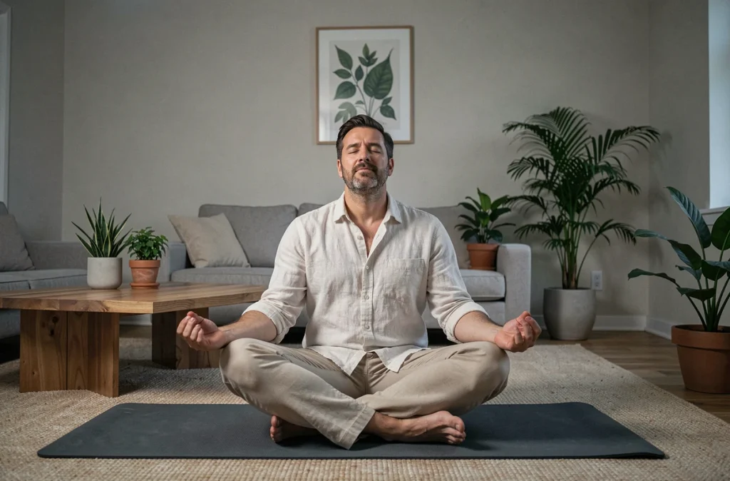 Homme adulte méditant sur un tapis de yoga dans son salon lors d'une routine de soirée relaxante