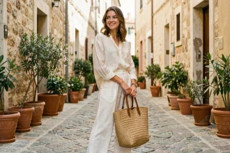 Jeune femme portant un sac tressé en herbe de mer avec une tenue estivale en lin blanc dans une rue pavée ensoleillée