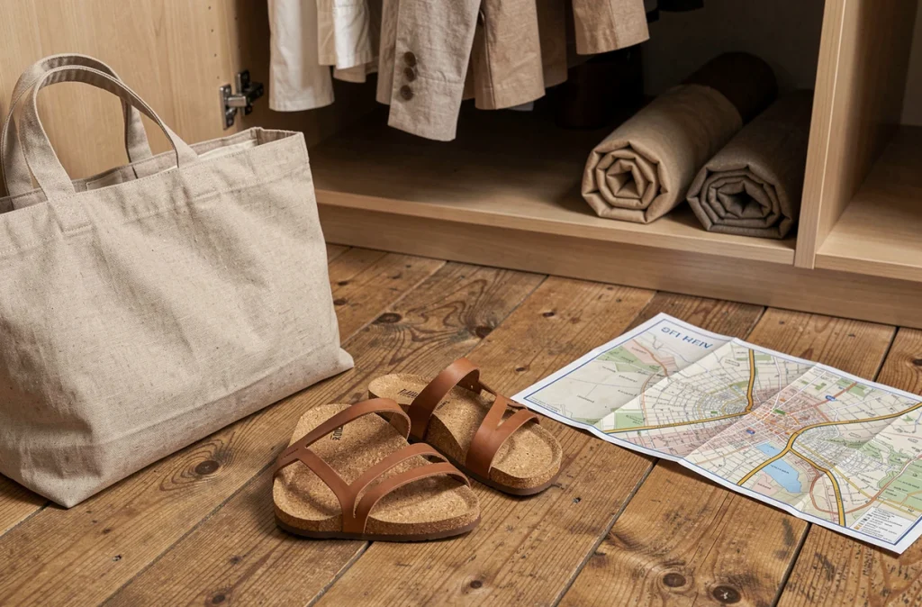 Sandales minimalistes en liège posées sur un parquet en chêne brut avec accessoires urbains et dressing neutre en arrière-plan