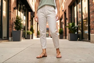 Femme portant des sandales minimalistes en cuir avec un pantalon en lin crème dans un quartier urbain moderne