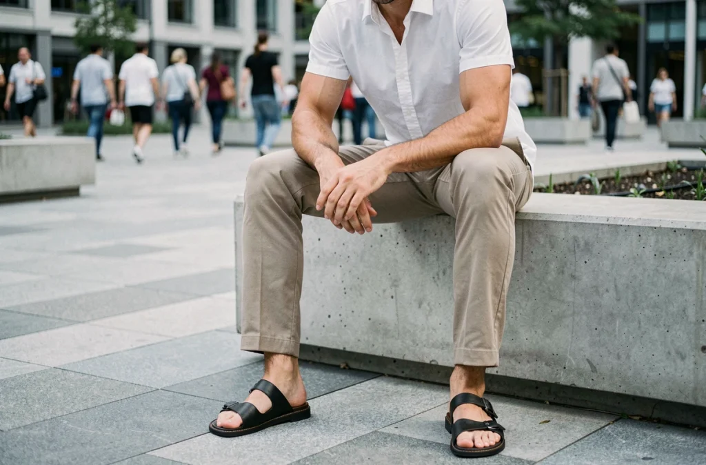 Homme en sandales minimalistes noires assis sur un muret en béton dans une place urbaine contemporaine