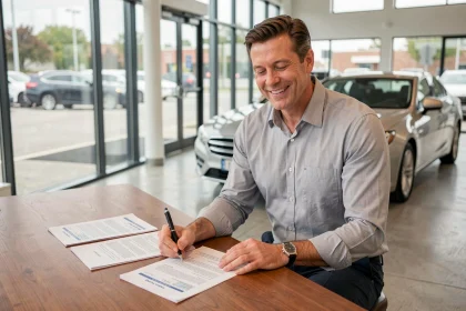 Automobiliste signant un contrat de location longue durée dans un showroom automobile moderne