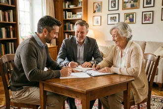 Un couple de quadragénaires signe un contrat de vente en viager avec une propriétaire âgée dans son appartement