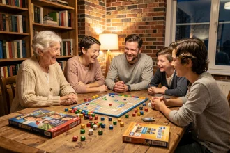 Famille multigénérationnelle jouant à des jeux de société autour d'une grande table en bois lors d'une soirée conviviale