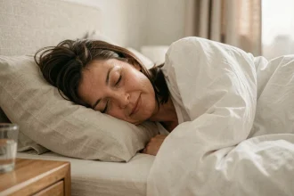 Femme de 40 ans dormant paisiblement dans un lit douillet avec une couette blanche, illustrant le sommeil profond et la récupération immunitaire