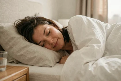 Femme de 40 ans dormant paisiblement dans un lit douillet avec une couette blanche, illustrant le sommeil profond et la récupération immunitaire