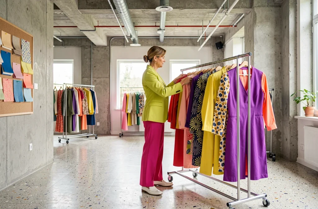Styliste arrangeant un portant de vêtements colorés printemps-été dans un studio de mode moderne
