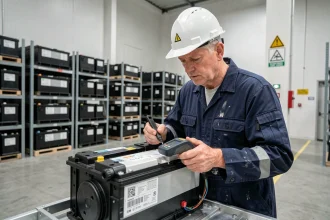 Technicien inspectant un module de batterie de voiture électrique dans un centre de recyclage industriel en France