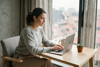 Femme en télétravail dans un appartement urbain moderne avec vue sur la ville
