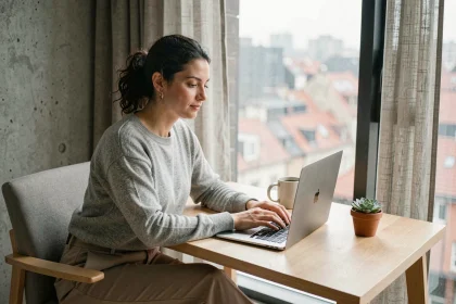 Femme en télétravail dans un appartement urbain moderne avec vue sur la ville