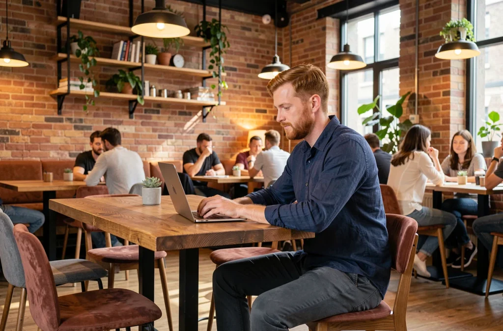 Homme en télétravail dans un café co-working branché au cœur de la ville