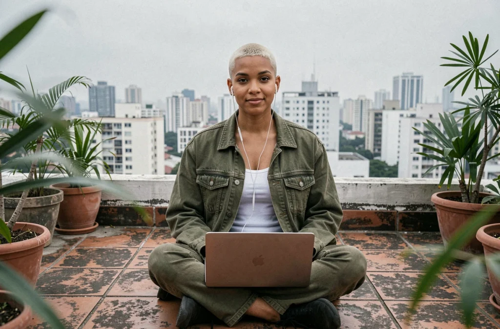 Personne en télétravail sur une terrasse de toit avec panorama urbain